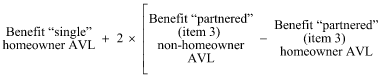 Start formula Benefit "single" homeowner AVL plus 2 times open bracket Benefit "partnered" (item 3) non-homeowner AVL minus Benefit "partnered" (item 3) homeowner AVL close bracket end formula