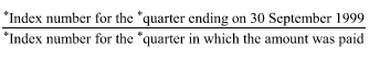 Start formula start fraction *Index number for the *quarter ending on 30 September 1999 over *Index number for the *quarter in which the amount was paid end fraction end formula