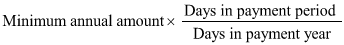 Start formula Minimum annual amount times start fraction Days in payment period over Days in payment year end fraction end formula